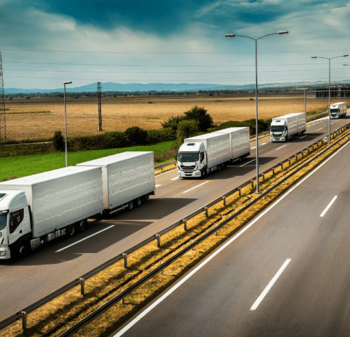 Several trucks driving on the highway