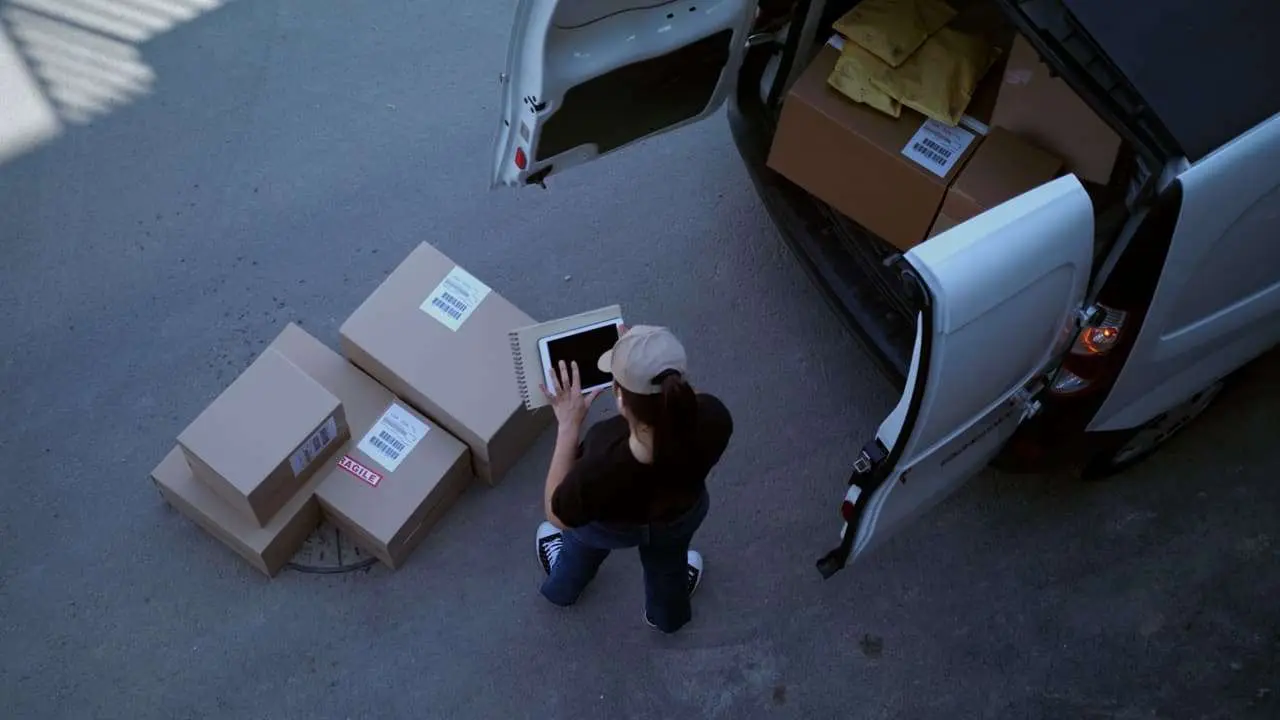 Woman counting packages on a mobile device